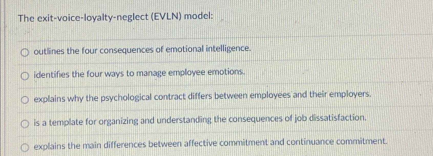  The exit-voice-loyalty-neglect (EVLN) model: outlines the four consequences of emotional intelligence.