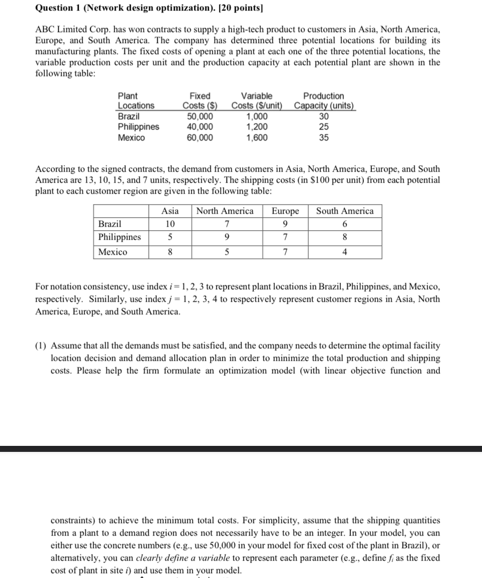  Question 1 (Network design optimization). [20 points] ABC Limited Corp. has