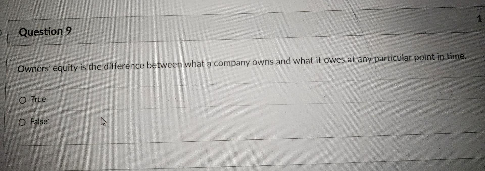  Question 9 Owners' equity is the difference between what a company