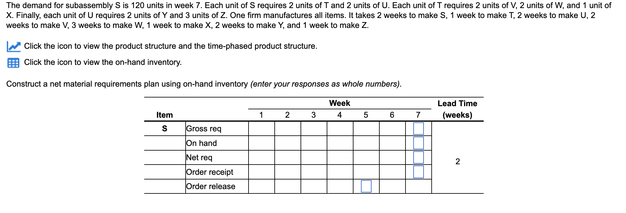 The demand for subassembly S is units in week 7. Each unit