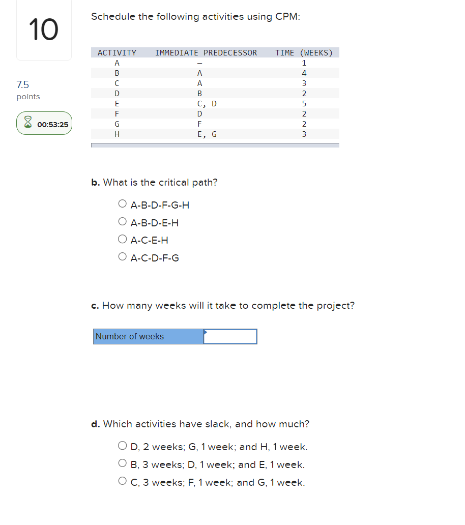 Schedule the following activities using CPM: b. What is the critical