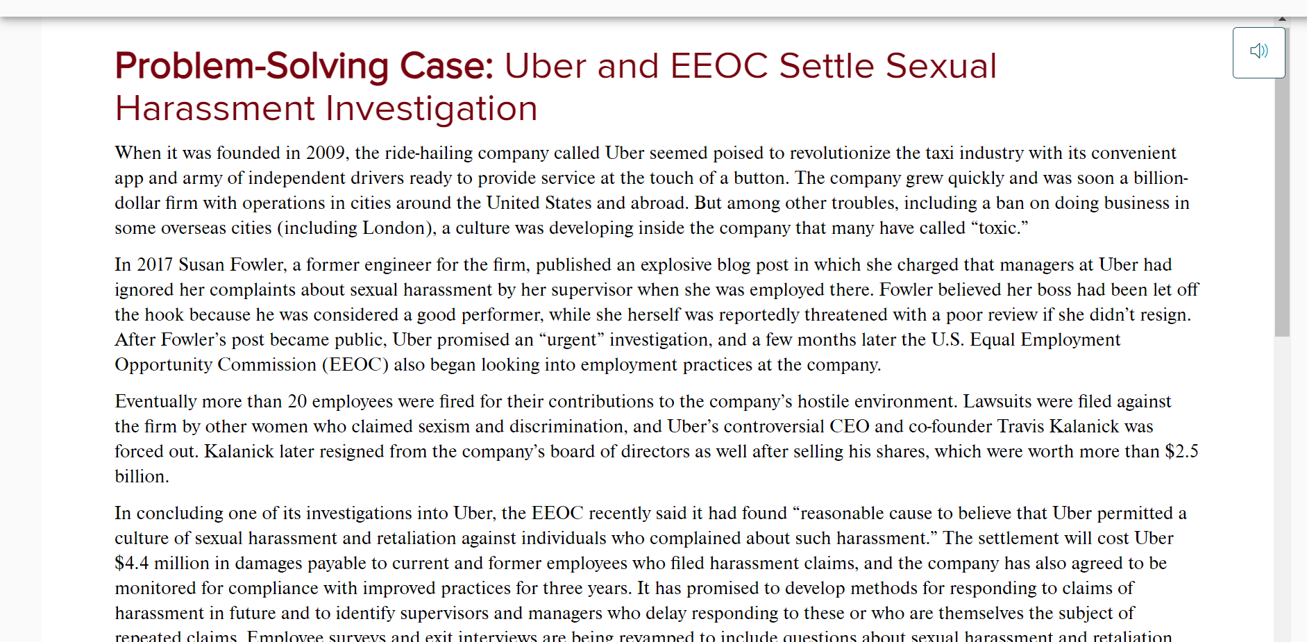  Problem-Solving Case: Uber and EEOC Settle Sexual Harassment Investigation When it