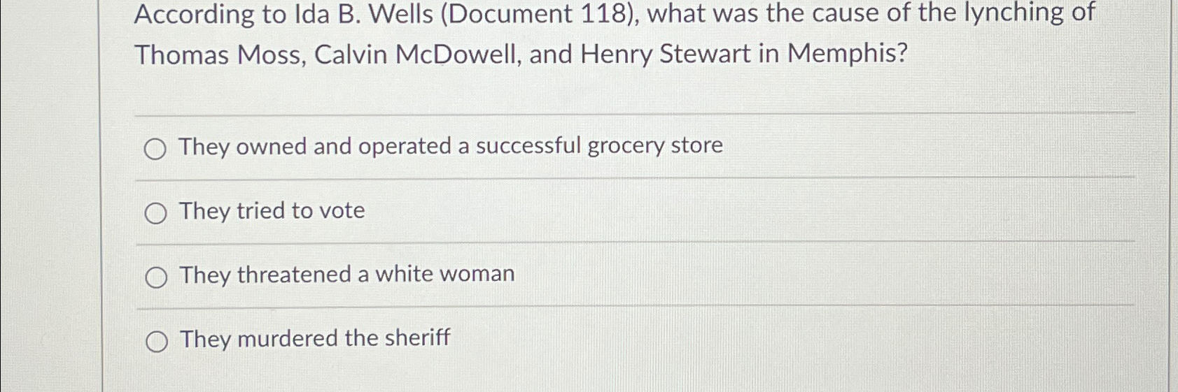  According to Ida B. Wells (Document 118), what was the cause