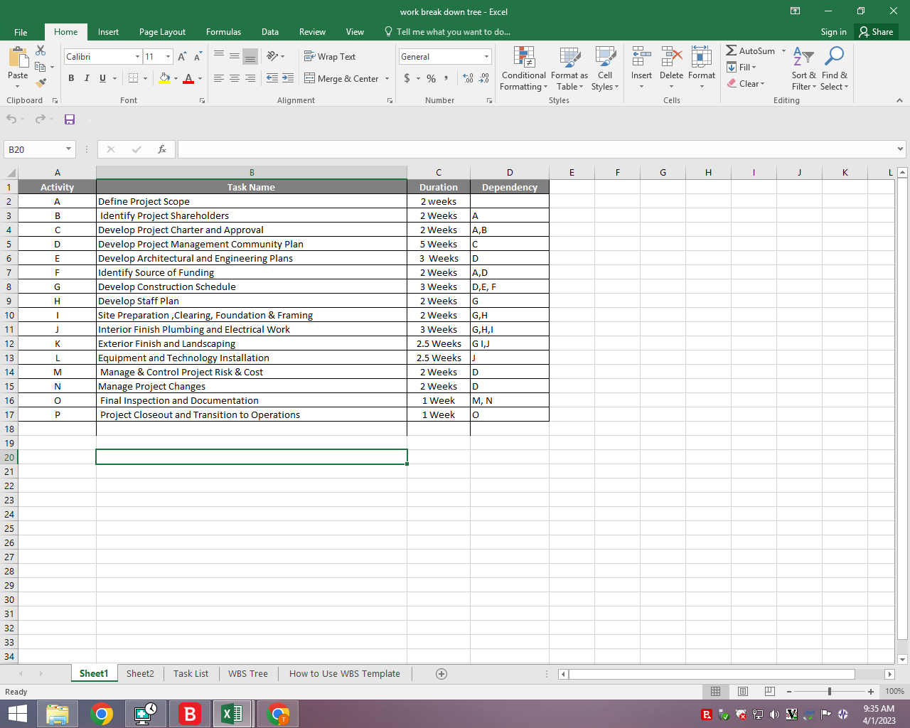  1. Can i get a table with Early Start, Early Finish,