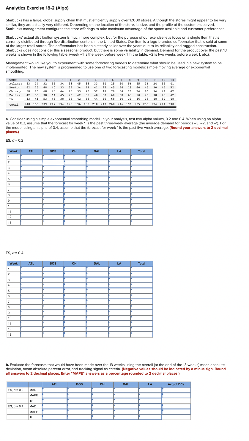 Analytics Exercise 18-2 (Algo) Starbucks has a large, global supply chain