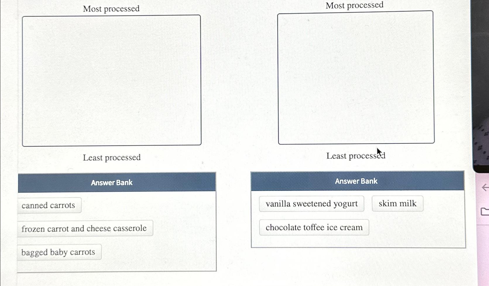  Most processed Most processed Least processed Answer Bank canned carrots frozen