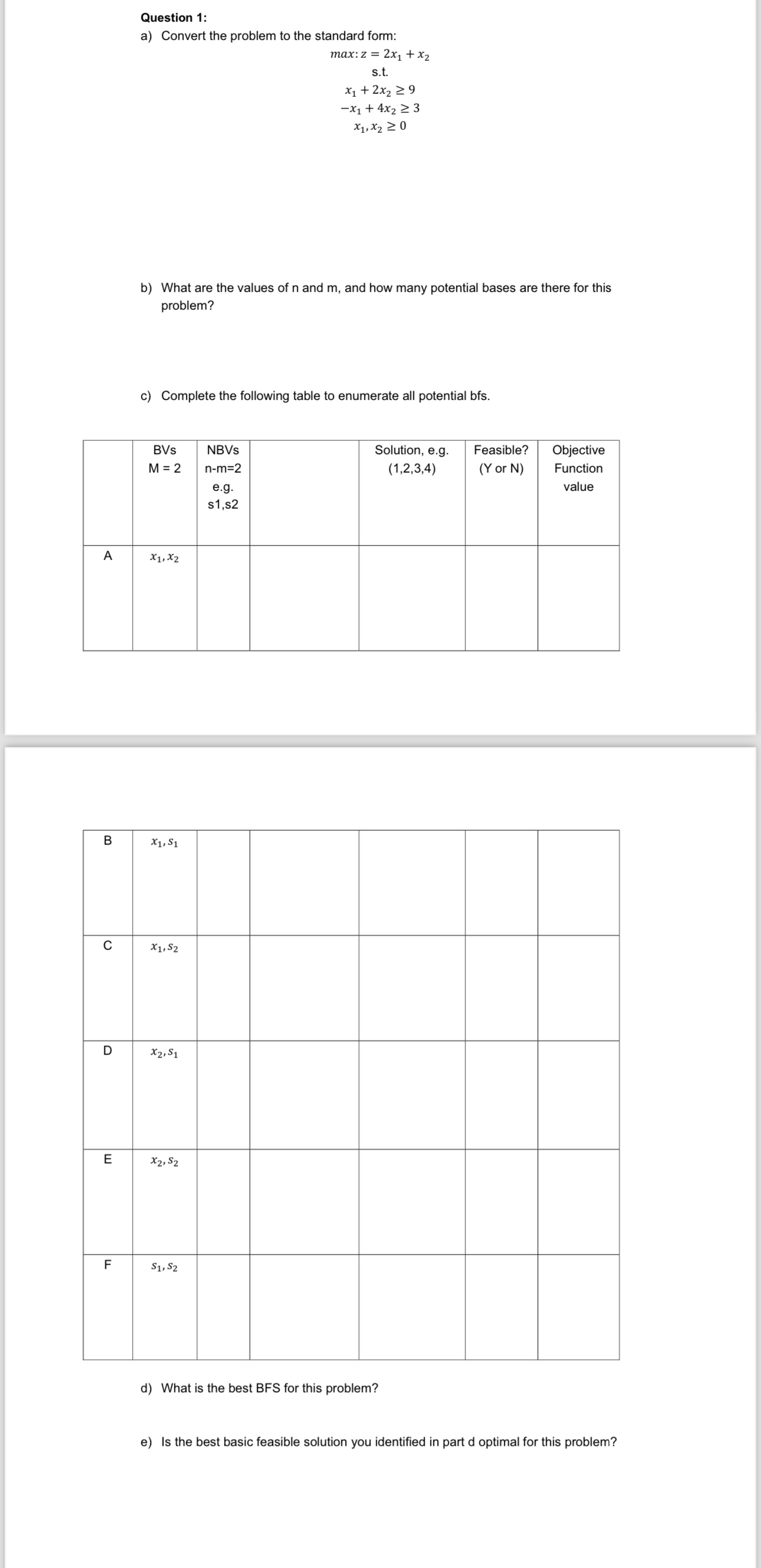  Question 1: a) Convert the problem to the standard form: max:z=2x1+x2