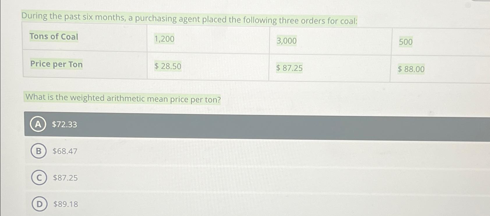  During the past six months, a purchasing agent placed the following