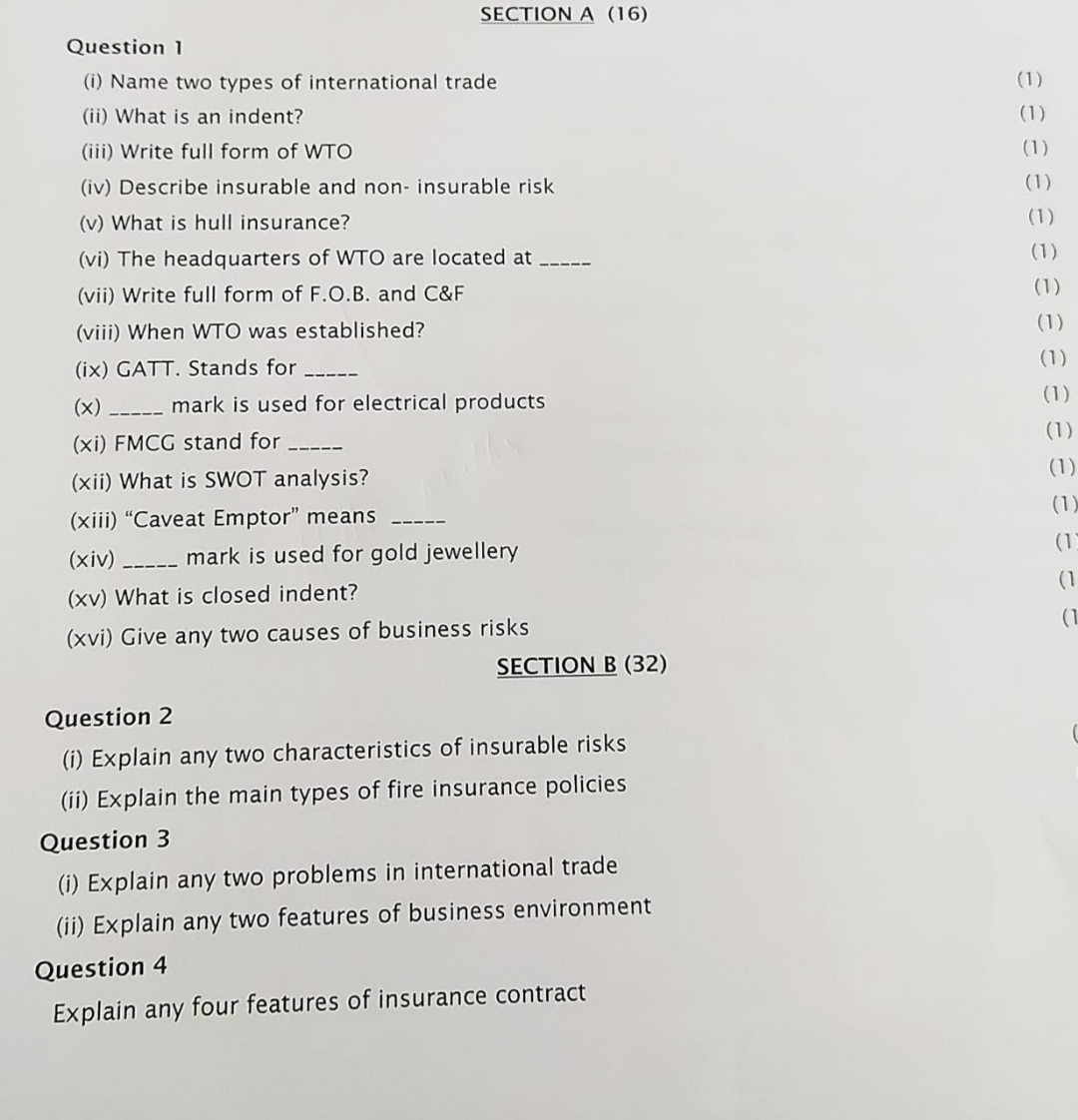  SECTION A (16) Question 1 (i) Name two types of international