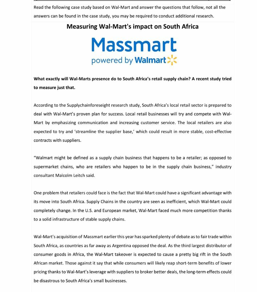 Read the following case study based on Wal-Mart and answer the