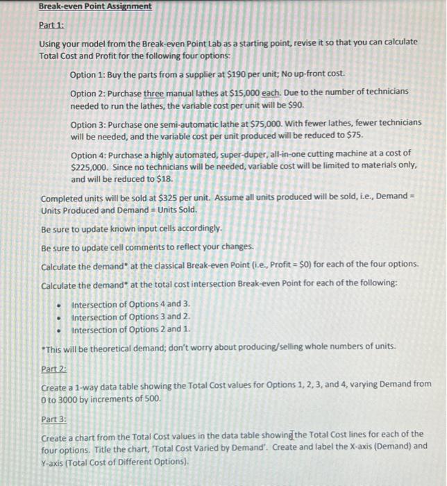  Break-even Point Assignment Part 1: Using your model from the Break-even