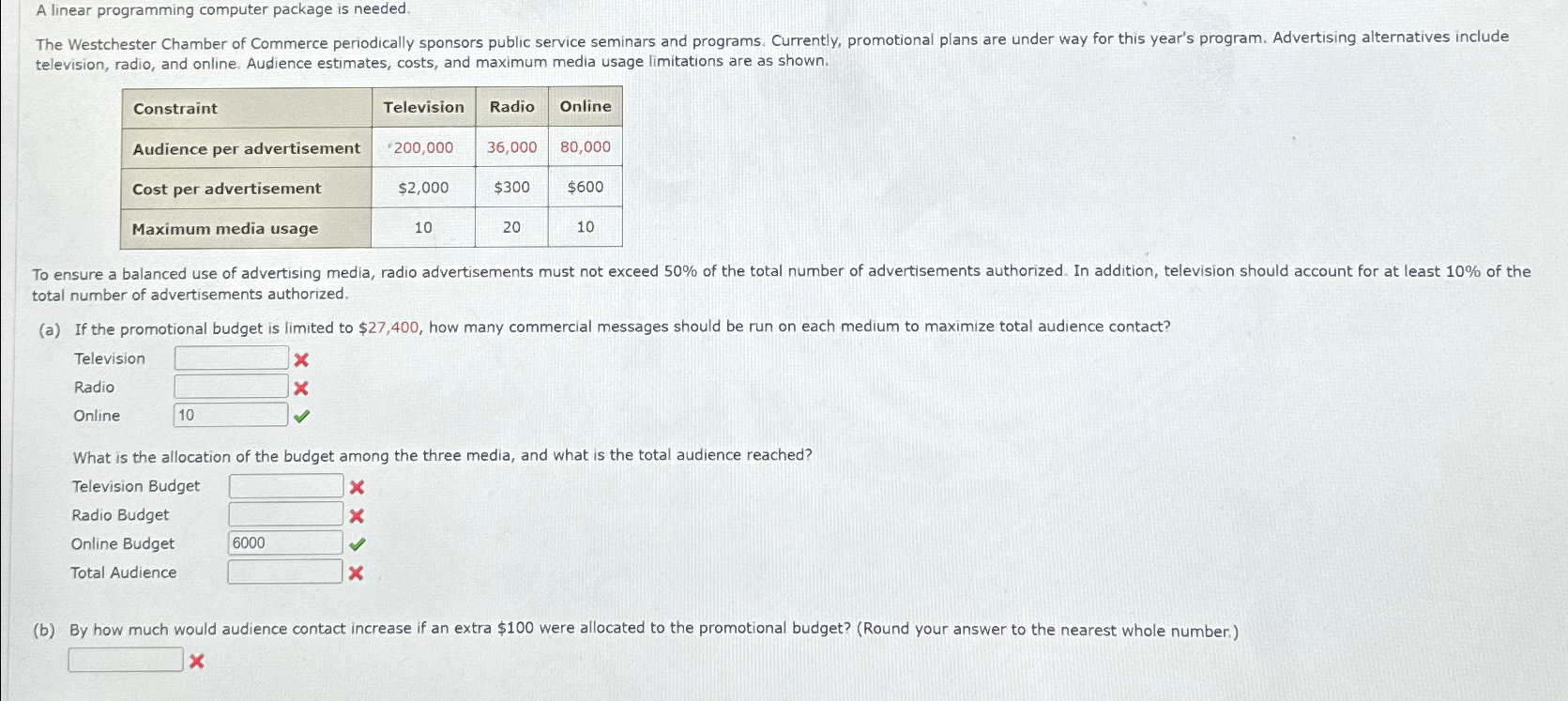  A linear programming computer package is needed. television, radio, and online.