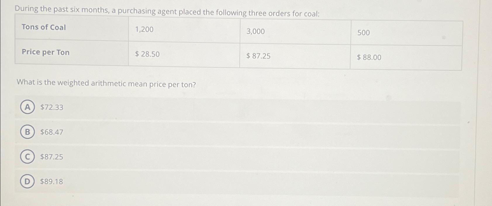  During the past six months, a purchasing agent placed the following