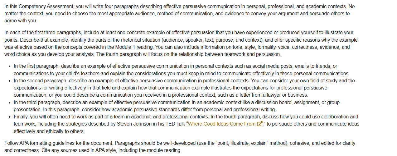  In this Competency Assessment, you will write four paragraphs describing effective