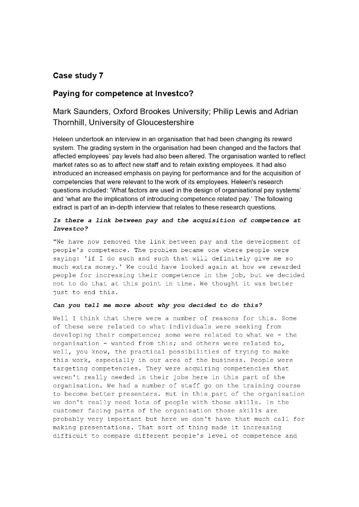 Case study 7 Paying for competence at Investco? Mark Saunders, Oxford