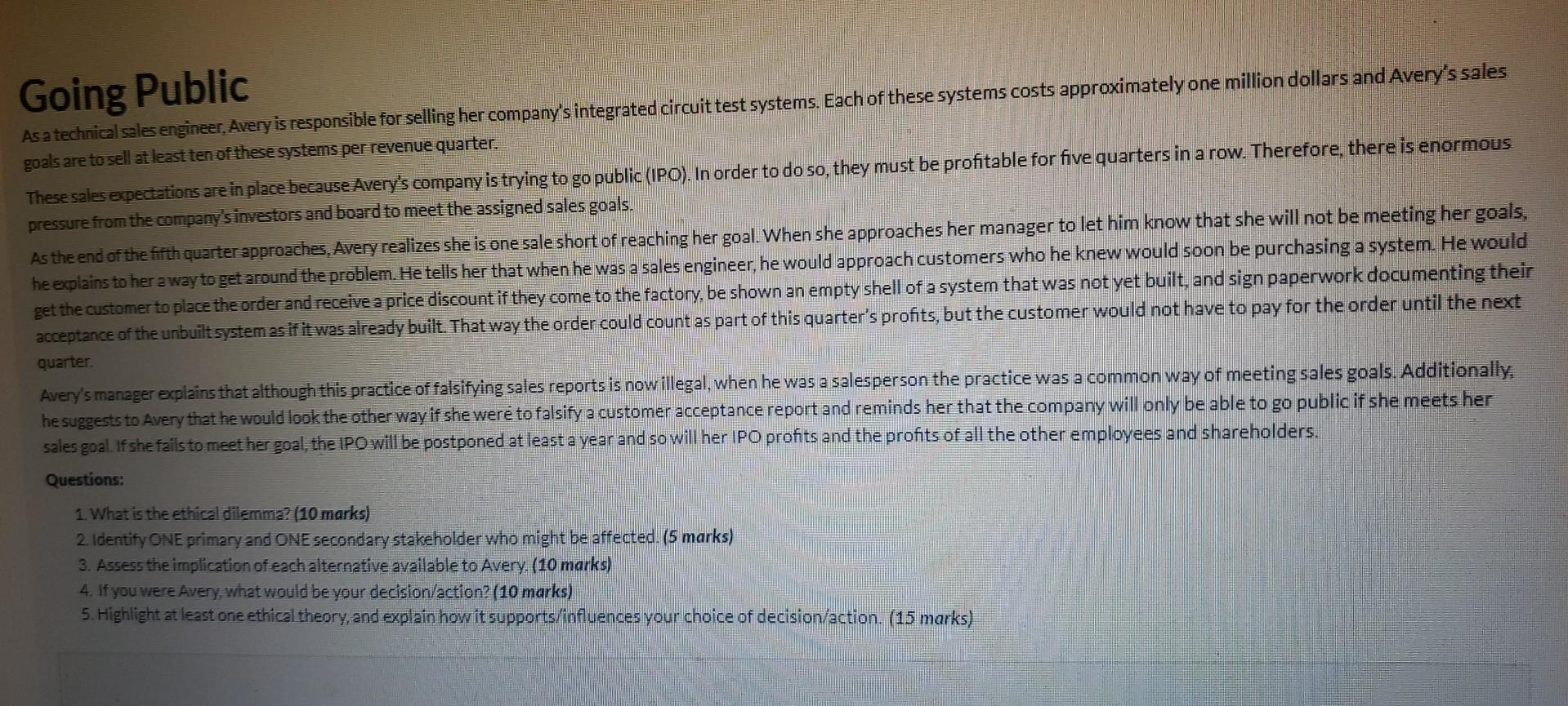  business ethics As a technical sales engineer, Avery is responsible for