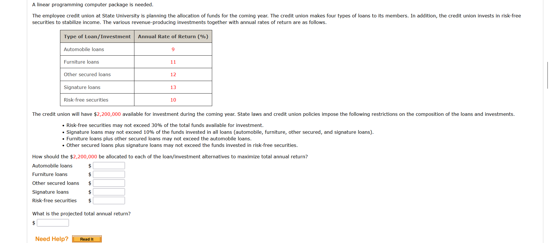  A linear programming computer package is needed. securities to stabilize income.