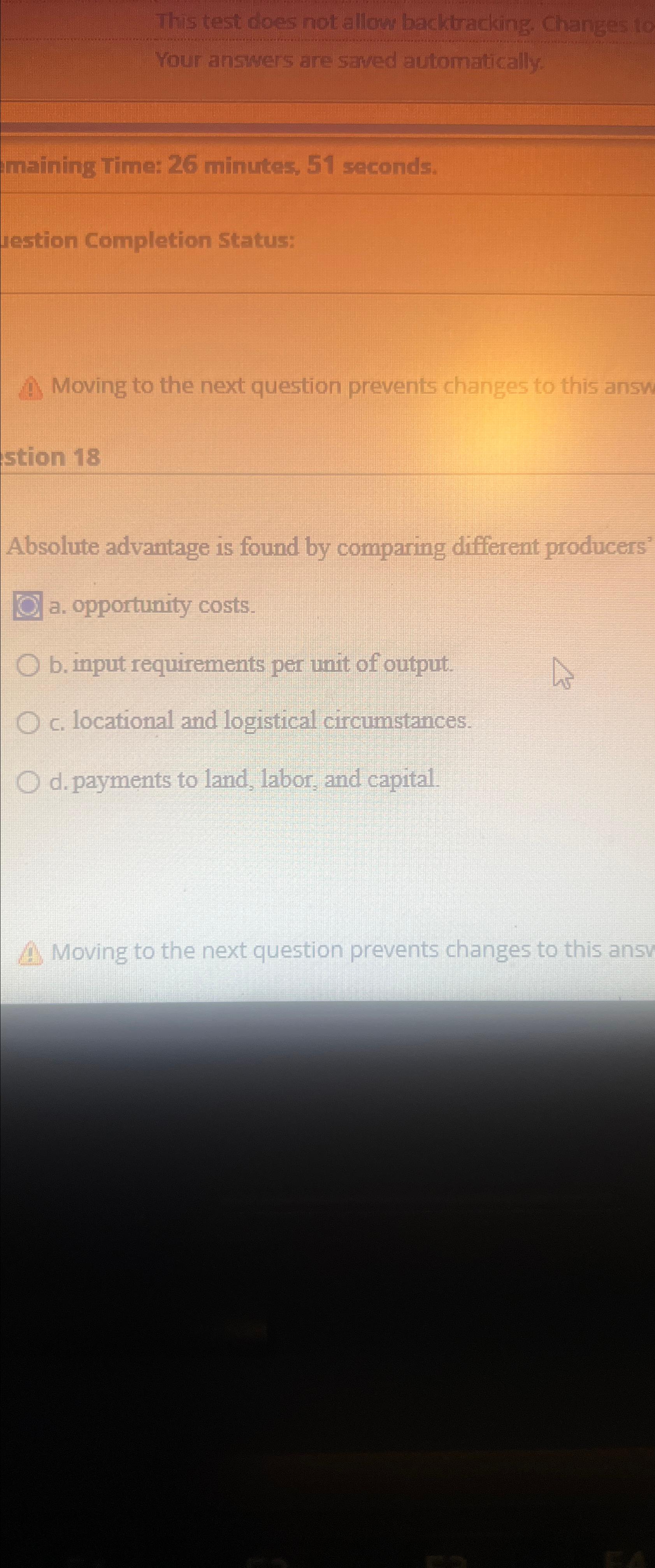  This test does not allow backtracking. Changes to Your answers are