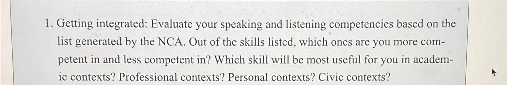  Getting integrated: Evaluate your speaking and listening competencies based on the