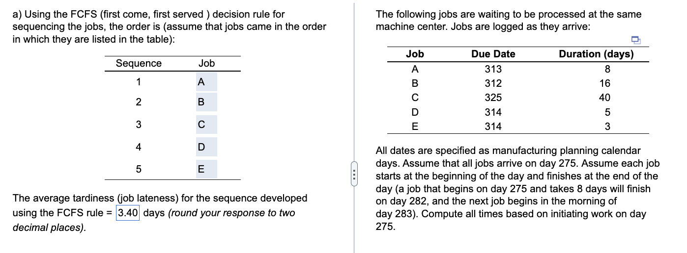  a) Using the FCFS (first come, first served ) decision rule