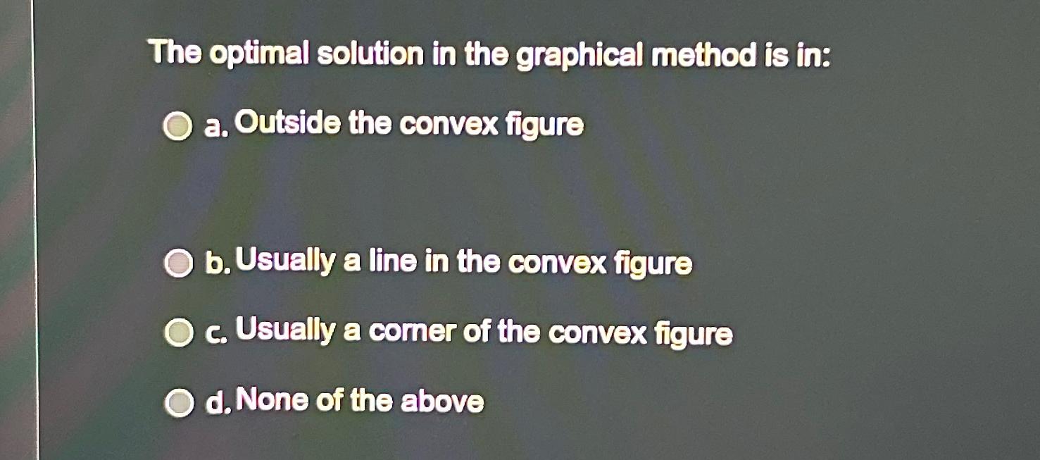  The optimal solution in the graphical method is in: a. Outside