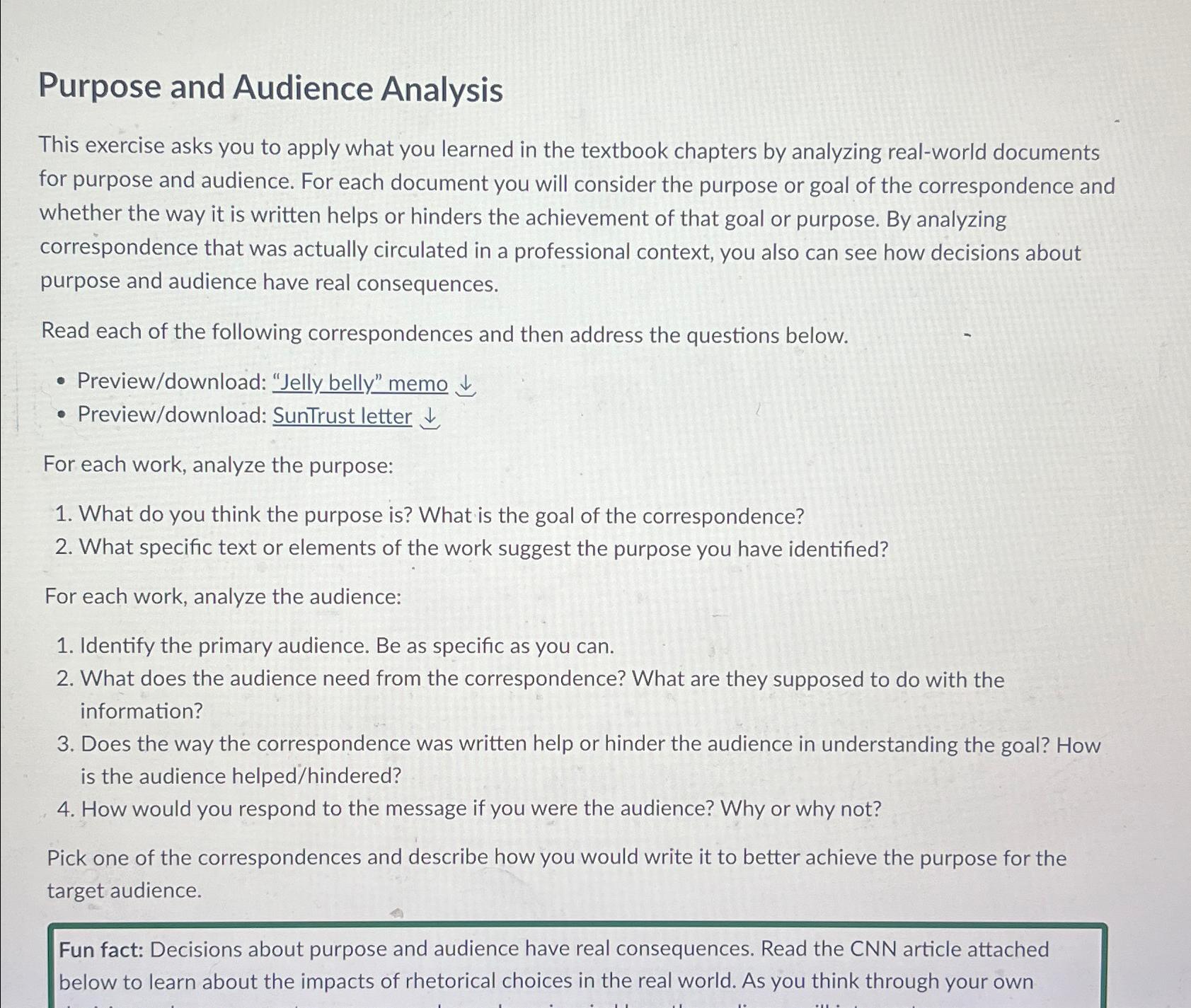  Purpose and Audience Analysis This exercise asks you to apply what