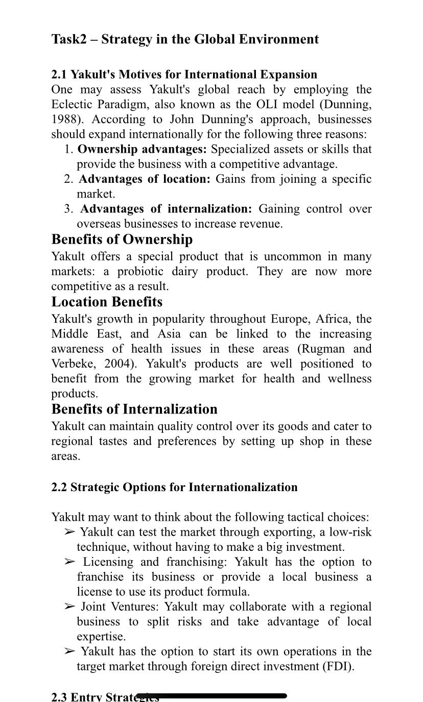  Task2- Strategy in the Global Environment 2.1 Yakult's Motives for International