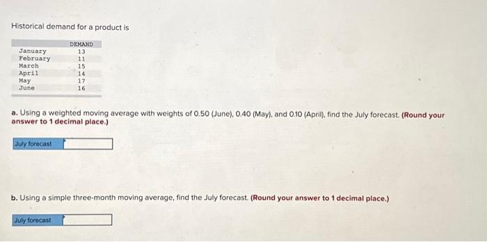  Historical demand for a product is a. Using a weighted moving