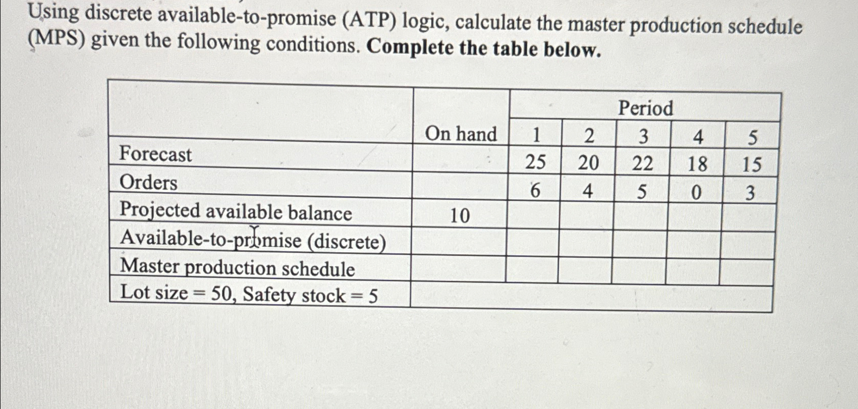  Using discrete available-to-promise (ATP) logic, calculate the master production schedule (MPS)