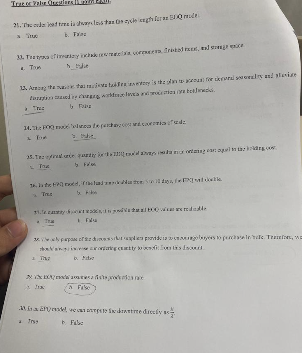  Question 2:True or False Questions (1 pomt eacin. The order lead