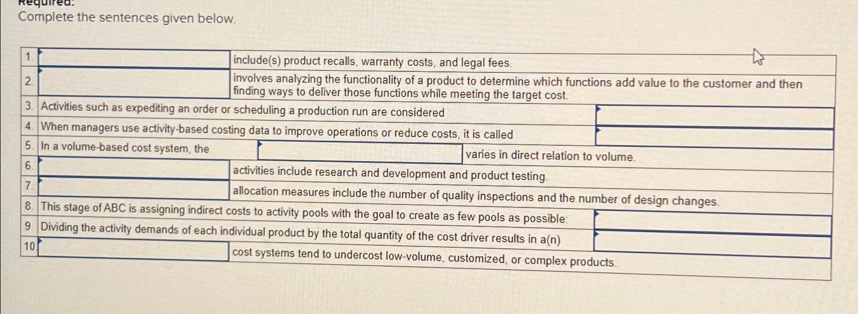 Complete the sentences given below. \table[[1.,,include(s) product recalls, warranty costs, and