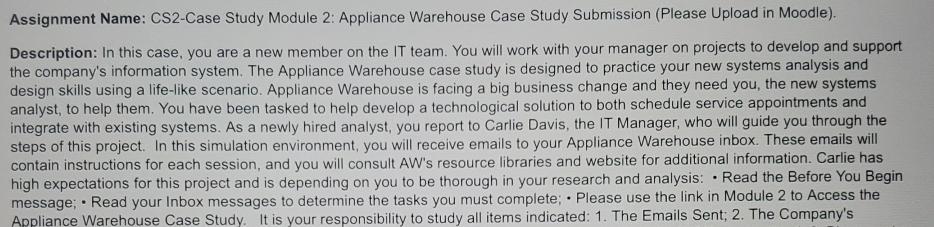  Assignment Name: CS2-Case Study Module 2: Appliance Warehouse Case Study Submission