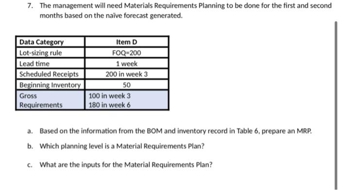 Solve for b/c pls 7. The management will need Materials Requirements Planning