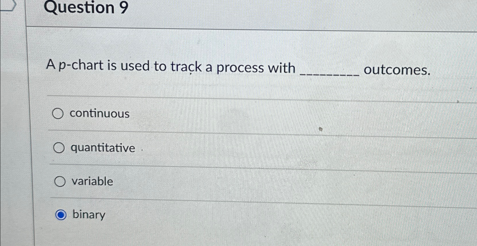  Question 9 A p-chart is used to track a process with