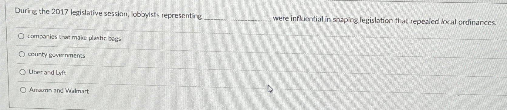  During the 2017 legislative session, lobbyists representing were influential in shaping