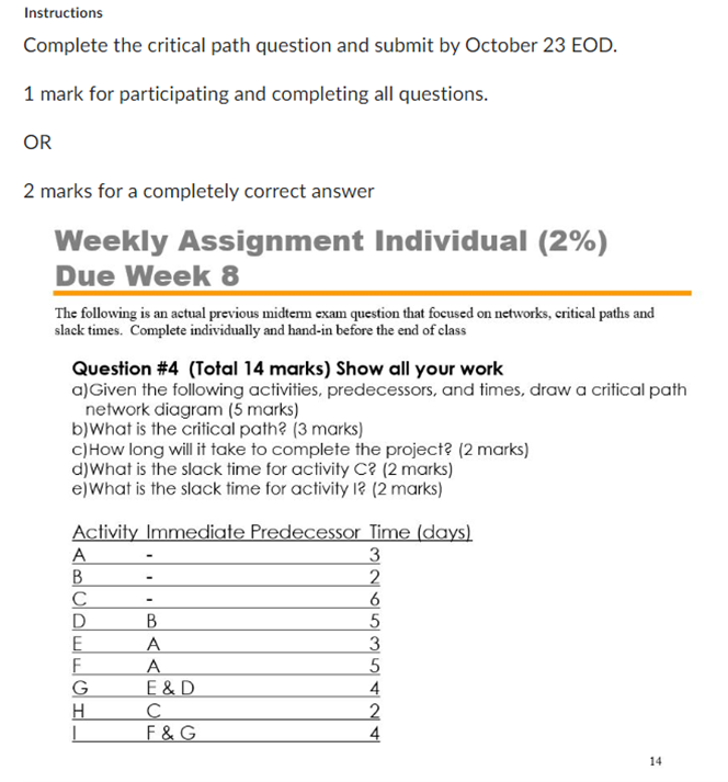  Instructions Complete the critical path question and submit by October 23
