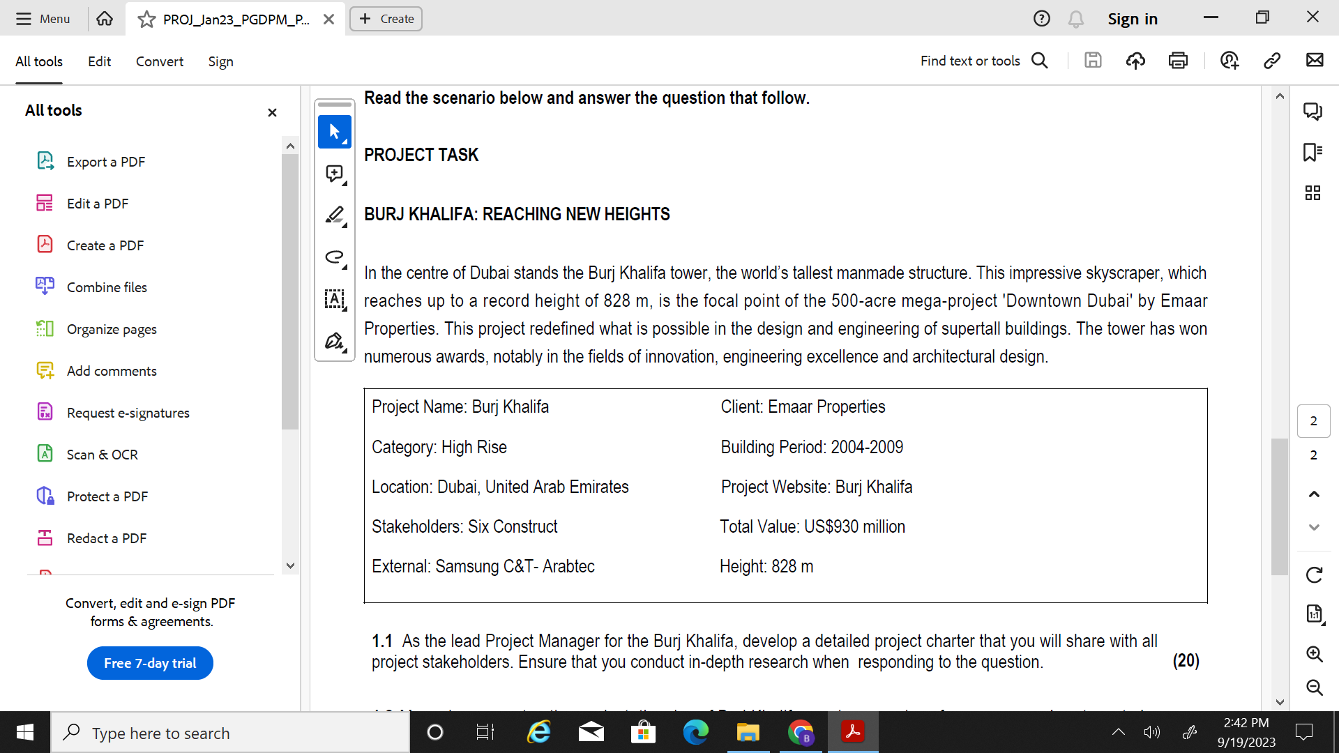  Read the scenario below and answer the question that follow. PROJECT