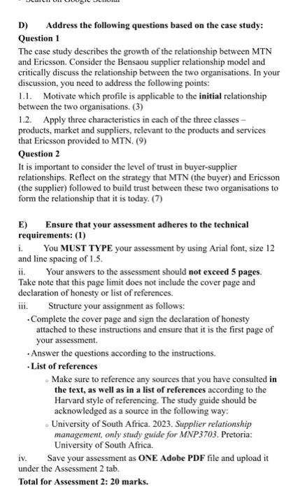  D) Address the following questions based on the case study: Question