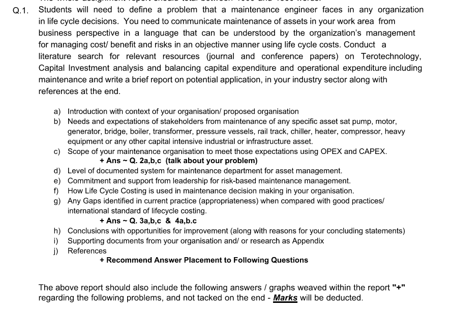  Students will need to define a problem that a maintenance engineer