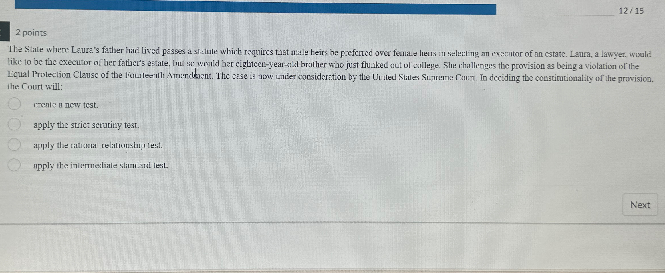 1215 2 points The State where Laura's father had lived passes