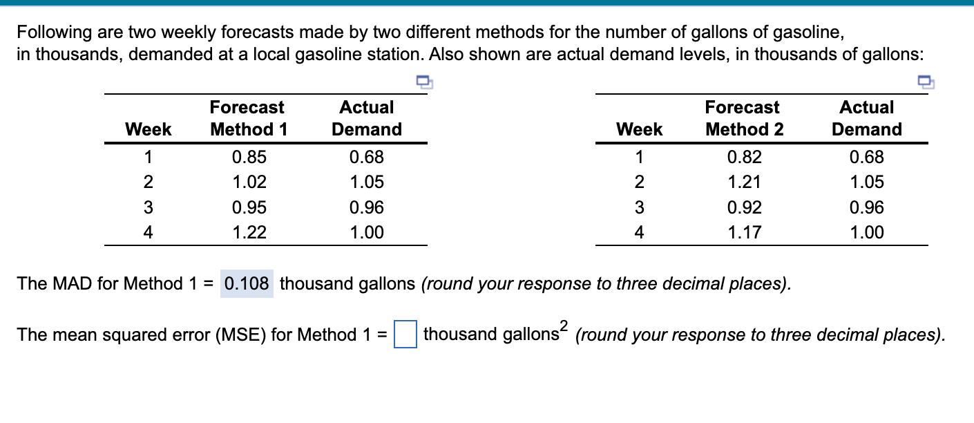  Following are two weekly forecasts made by two different methods for