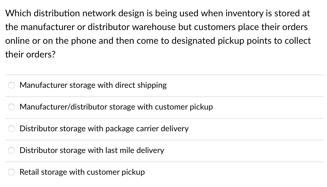 Which distribution network design is being used when inventory is stored