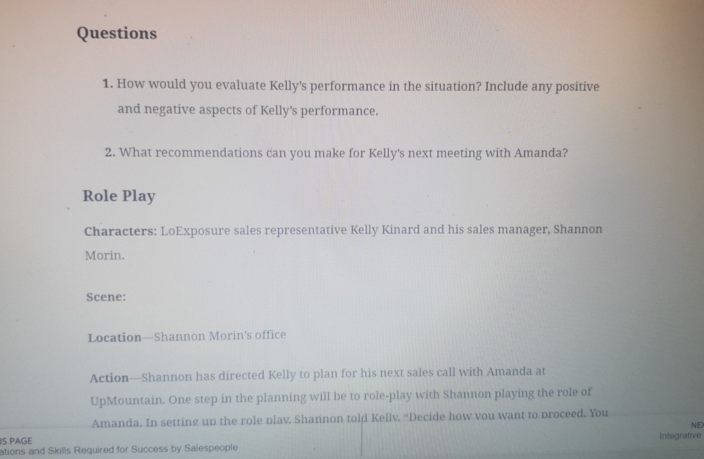 Questions How would you evaluate Kelly's performance in the situation? Include