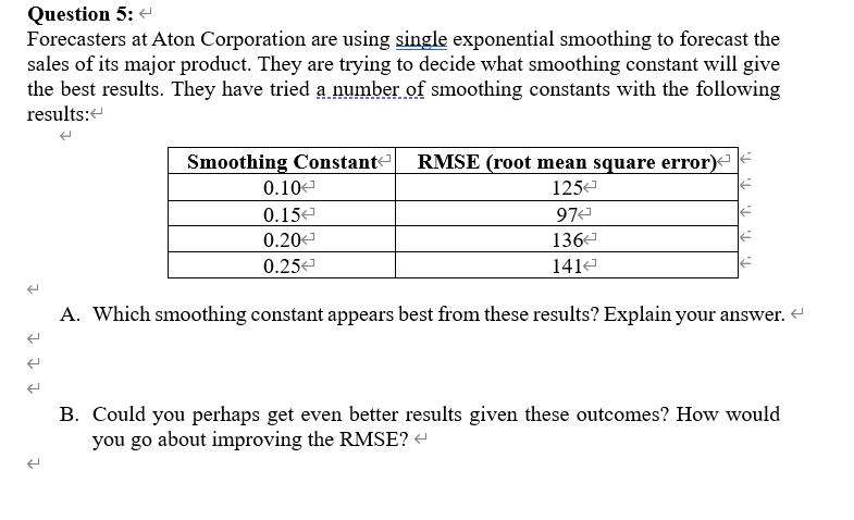  Question 5: Forecasters at Aton Corporation are using single exponential smoothing