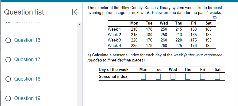  Question list Question 16 Question 17 Question 18 Question 19 The