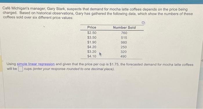 using simple linear regression and given that the price per cup is