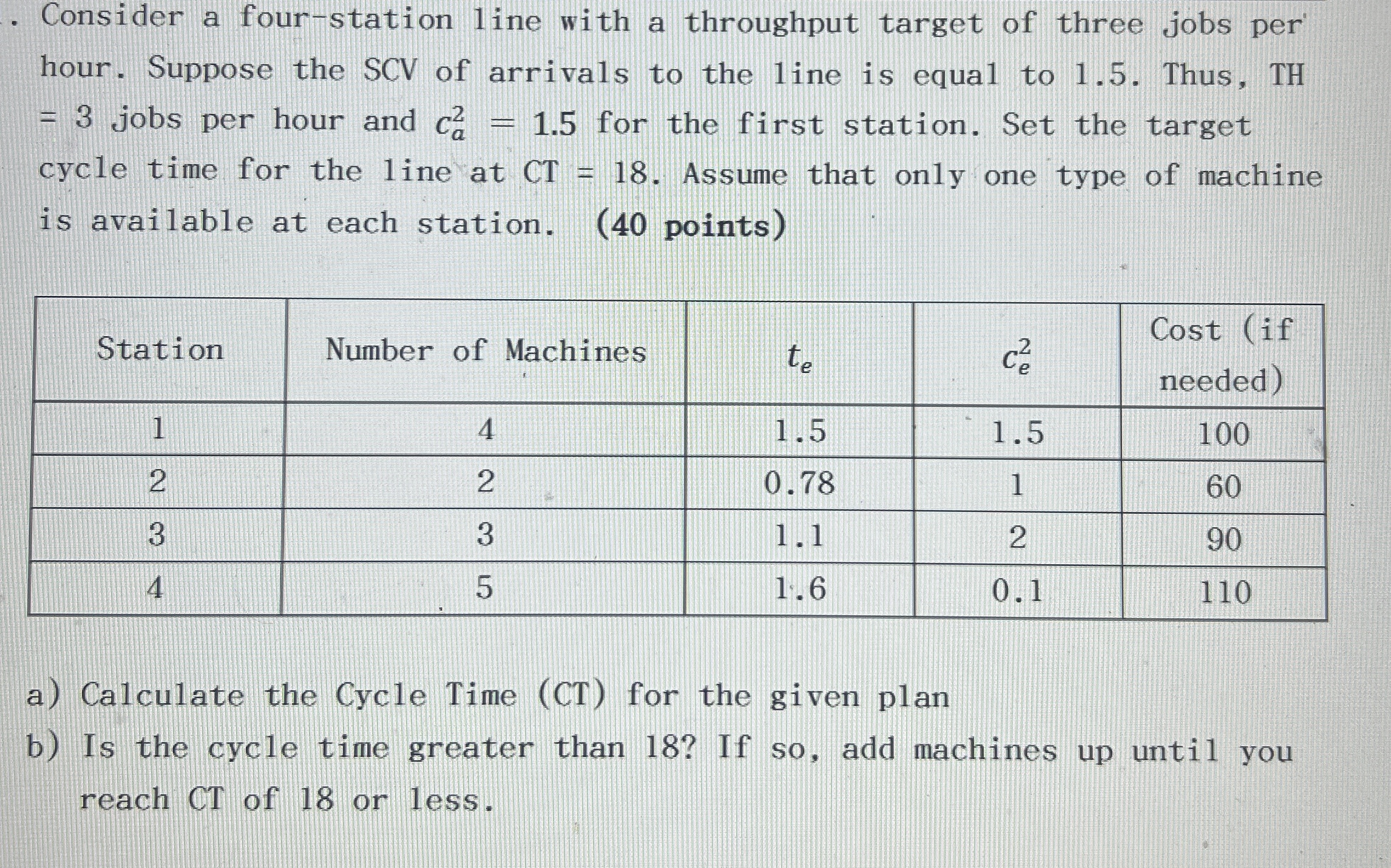 Consider a four-station line with a throughput target of three jobs