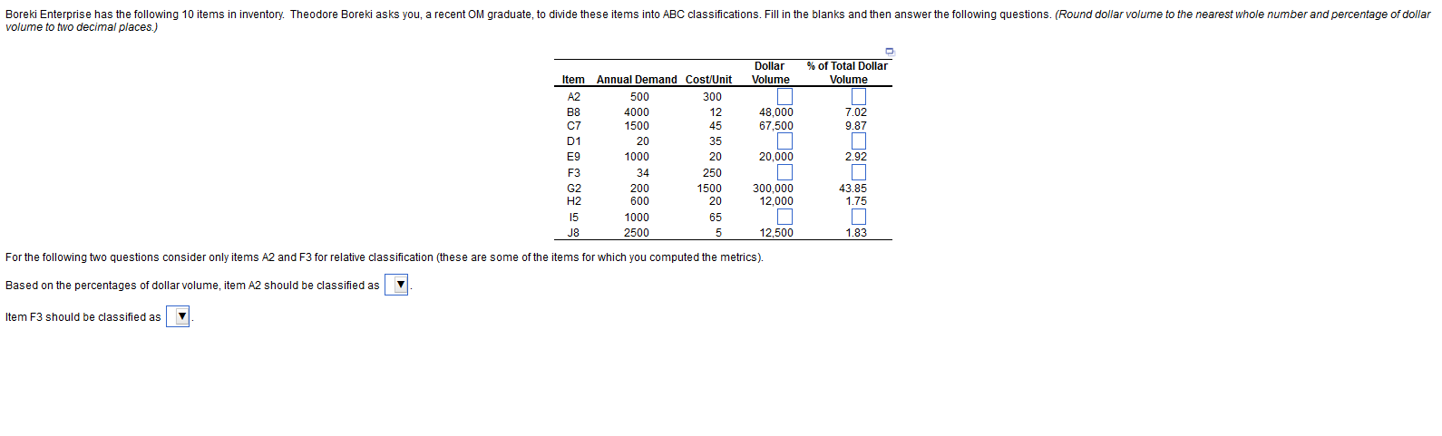Boreki Enterprise has the following 10 items in inventory. Theodore Boreki asks
