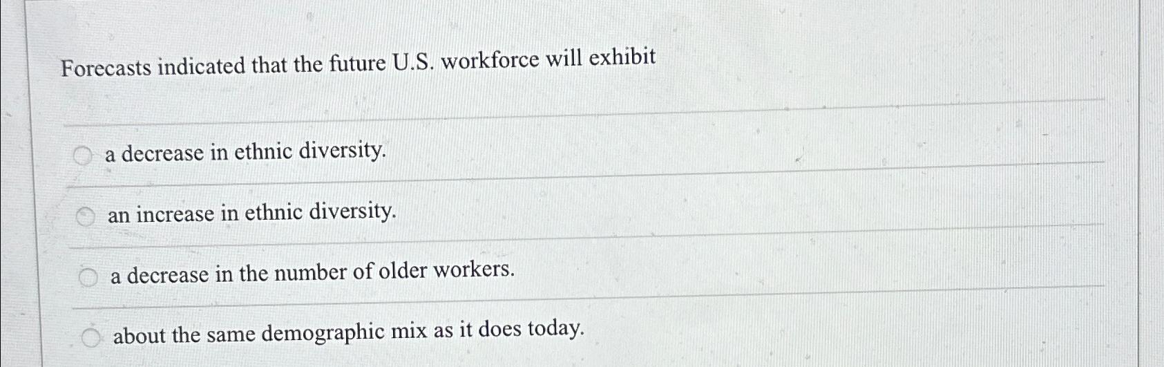  Forecasts indicated that the future U.S. workforce will exhibit a decrease