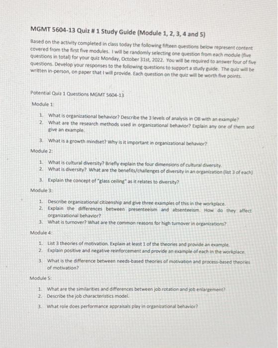  MGMT 5604-13 Quiz \# 1 Study Guide (Module 1, 2, 3,